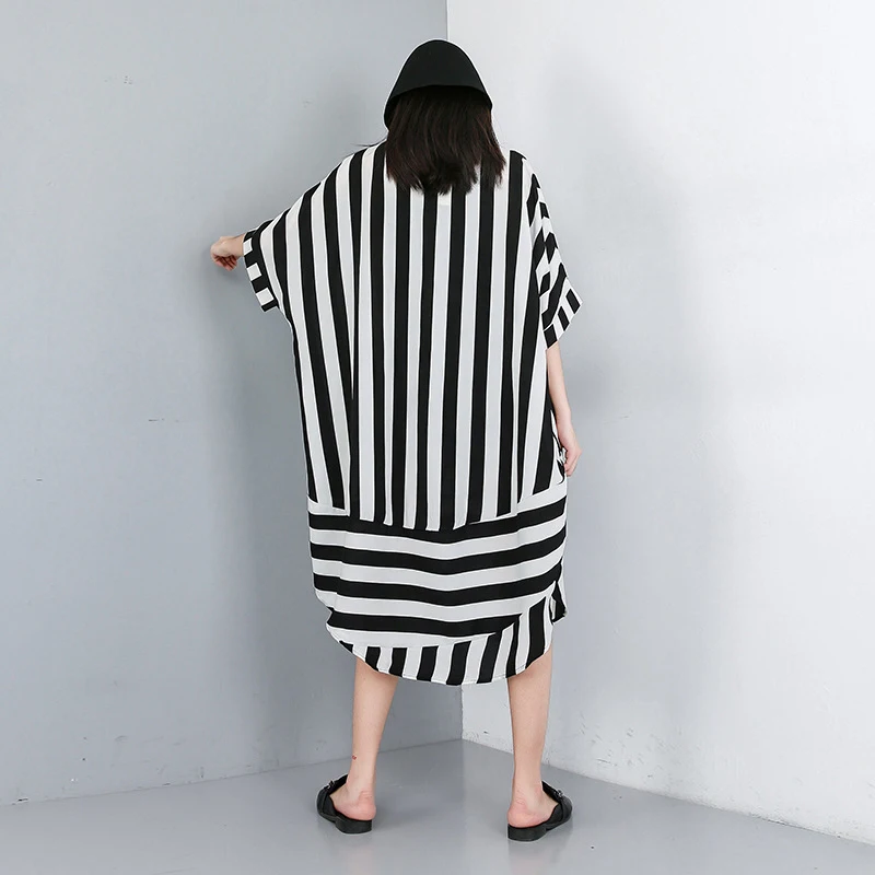 [EAM] Новинка 2021 весна лето рубашка с отворотом рукав до локтя черная в полоску