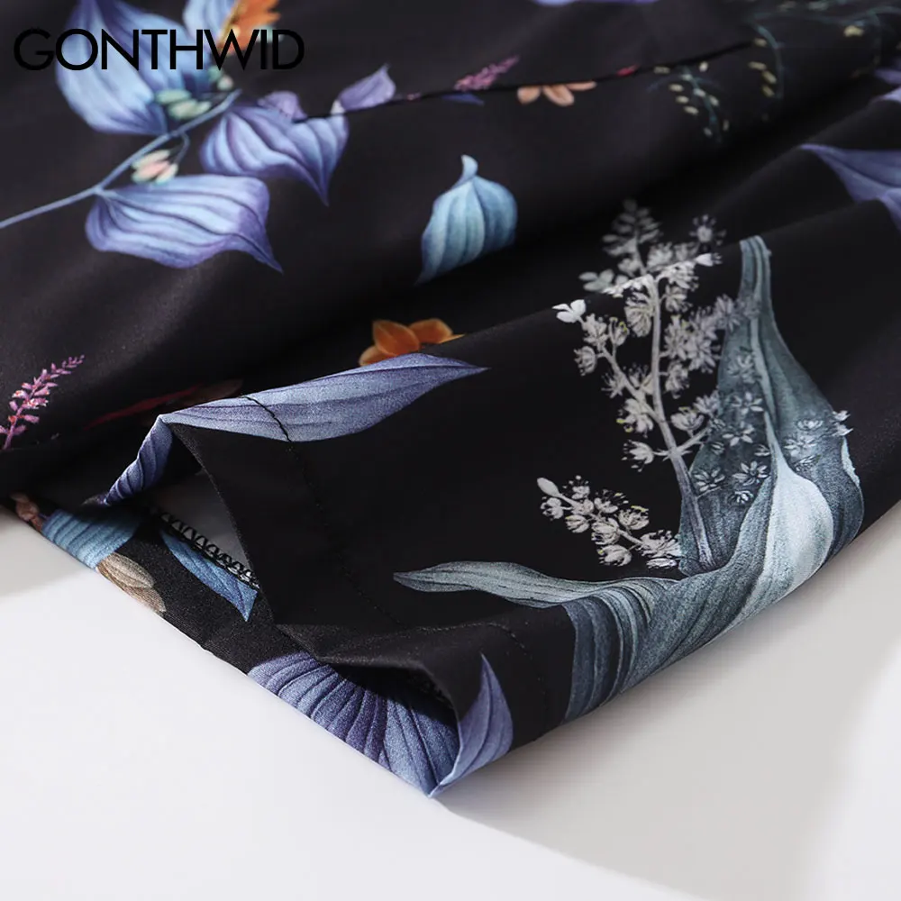 

GONTHWID Hawaiian Shirts Harajuku Flowers Leaf Print Shirt Hip Hop Streetwear Holiday Beach Lapel Button Men Short Sleeve Tops