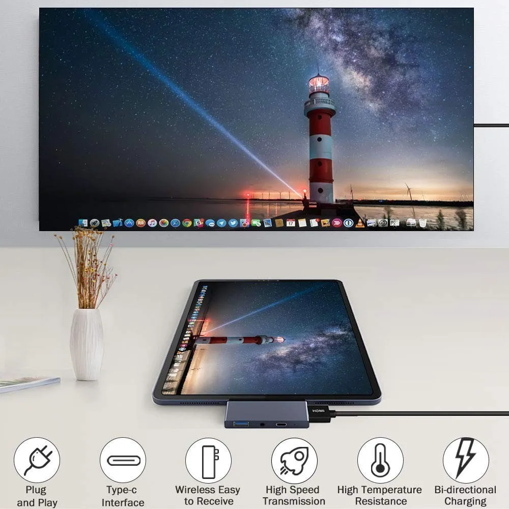 USB C концентратор для Ipad Pro адаптер ключ с 4k HDMI USB-C Pd 60 Вт Зарядное устройство USB 3,0 3,5 мм аудио разъем для наушников док-станция