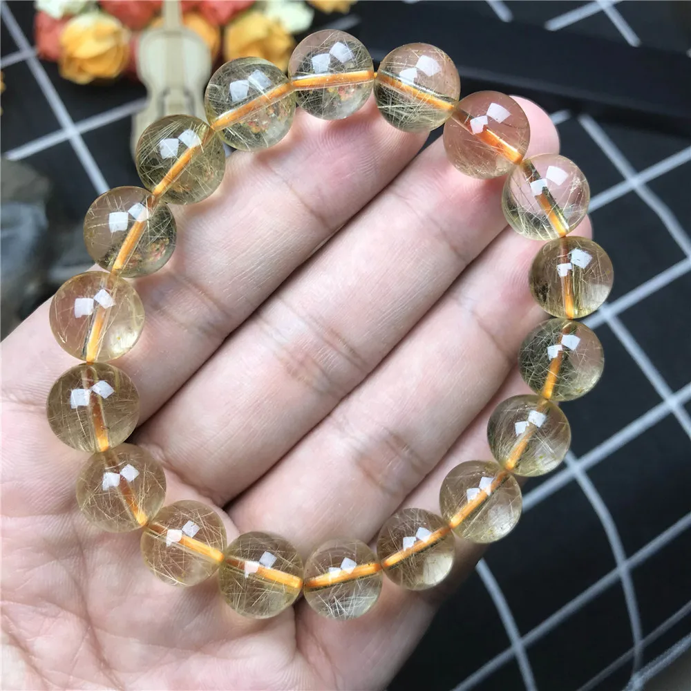 

11mm Genuine Natural Brazil Gold Hair Rutilated Bracelet Jewelry For Women Men Crystal Round Beads Stretch Fashion Bracelet AAAA