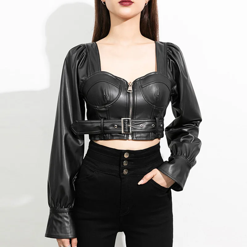 

2021 New Fashion Winter Women Pu Faux Leather Long Sleeve Zippers Spliced Bandage Coat Black Belt High Street Short Tops
