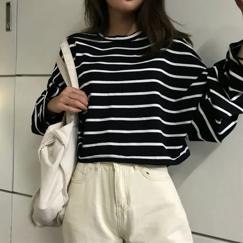

Autumn and winter round neck black striped long-sleeved t-shirt t shirt ropa mujer harajuku tshirt pokemon t-shirt friends