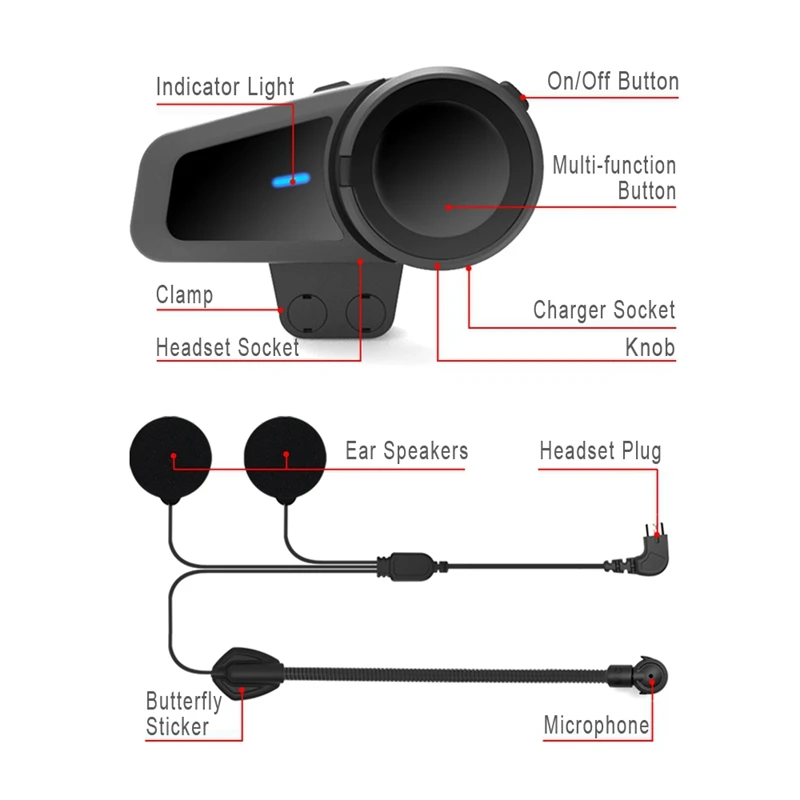 

Suitable for Motorcycle Helmet Bluetooth Walkie-Talkie Wireless Bluetooth BT Headset Stereo