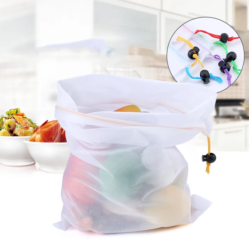 

Многоразовые сетчатые продуктовые мешки для овощей и фруктов, моющиеся экологически чистые мешки с цветной лентой для хранения игрушек, ме...