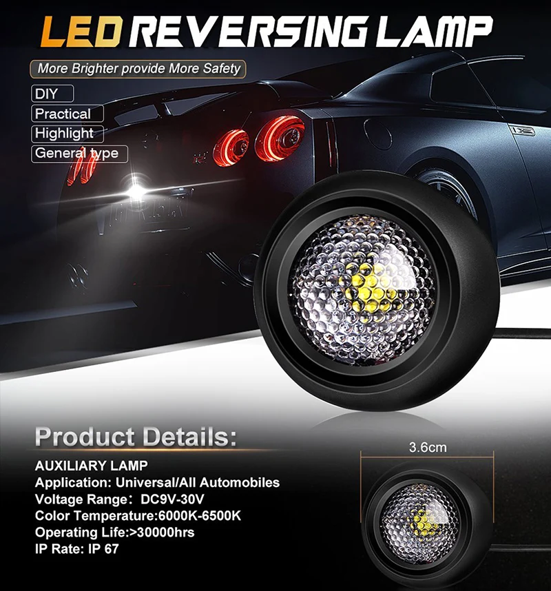1x 6W LED Reversing Light for Car SUV Offroad Auxiliary Led Backup 12V24V Under Rearview Mirror Side View camera Aux lamp | Автомобили и