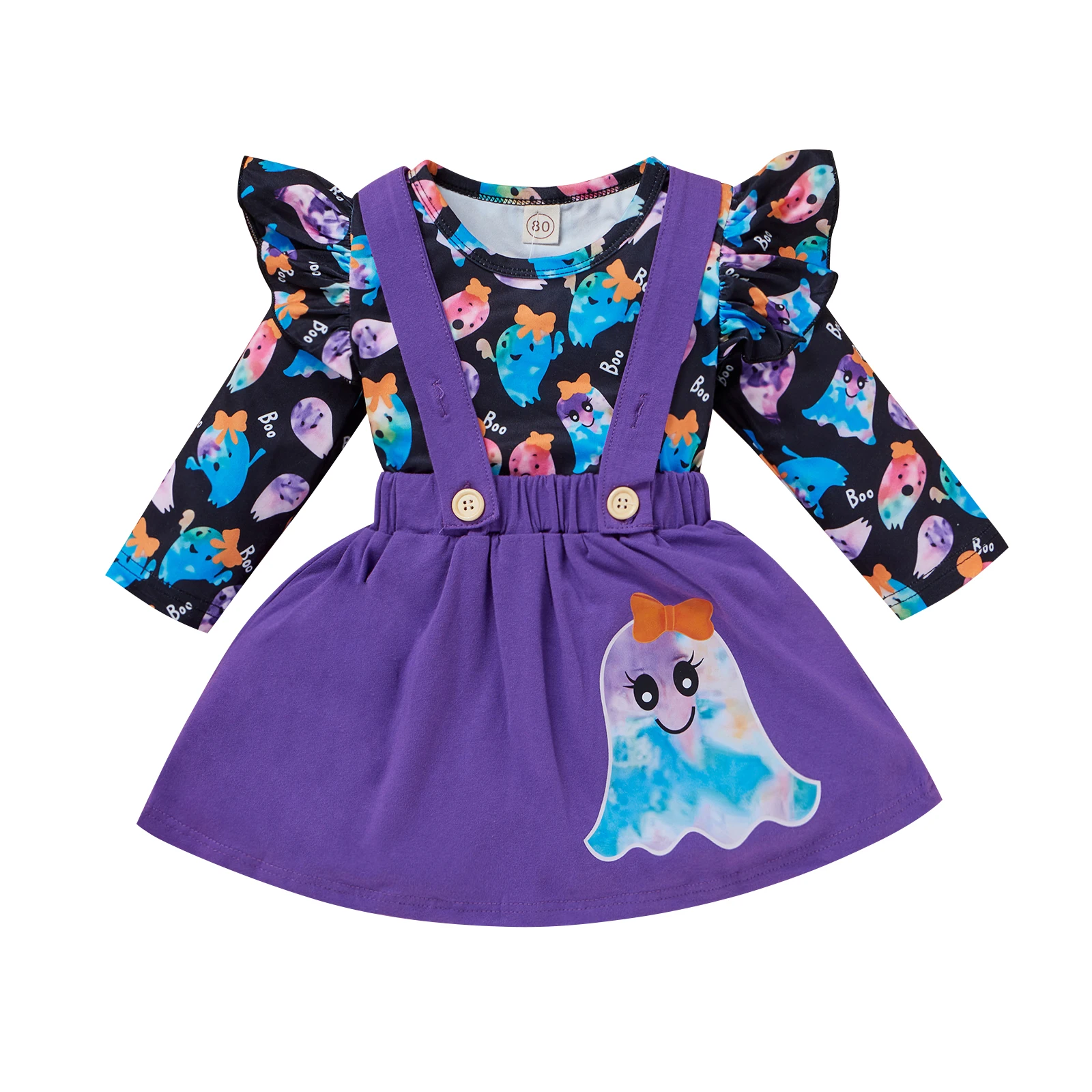 

2021 Newest Halloween Lovely Kids Girls 2pcs Clothes Sets Ruffles Long Sleeve Cartoon Printed T Shirts Suspenders Skirt