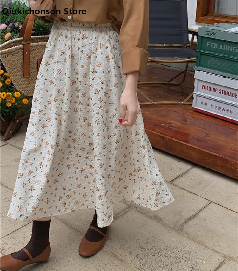 

Spring Summer Jacquard Floral Skirt Women Literary Vintage Mori Girl High Waisted A-Line Big Swing Long Midi Skirt Mori Girl