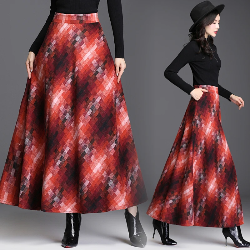 Женская трапециевидная юбка макси элегантная клетчатая длинная с эластичной