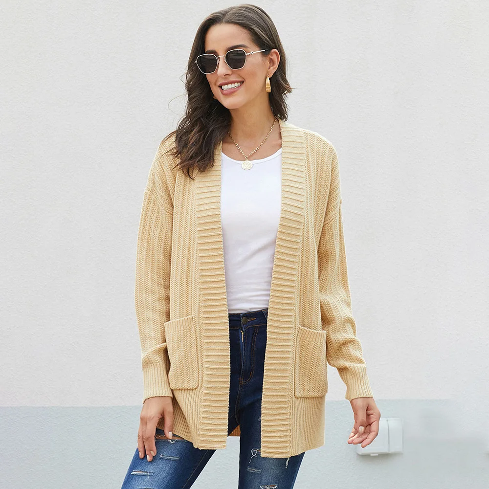 Женский свободный кардиган с длинными рукавами и воротником-шалью карманом