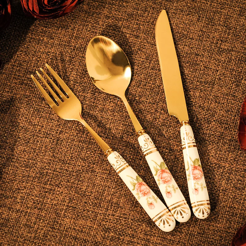 

Stainless Steel Cutlery Ceramic Handle Portable Travel Reusable Eco Friendly Cutlery Cubiertos Dorados Dinnerware Sets DB60DC
