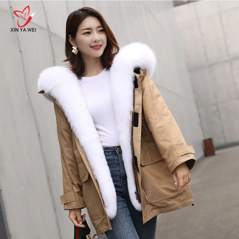 

100% Real Fox Fur Collar Women winter big fur hoodie parkas 2020 white winter jacket women natural fur lined thick coat