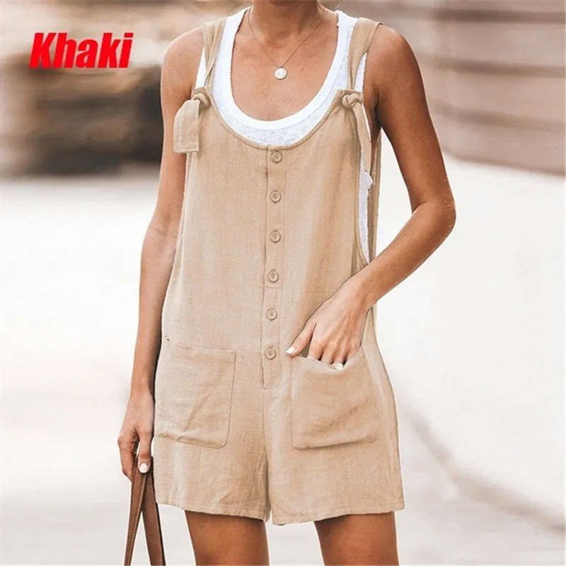 New Women Rompers Summer Casual Loose Sleeveless Jumpsuit Solid Button Pocket Suspenders Bib Short Pants Wide Leg Playsuits 2020 images - 6
