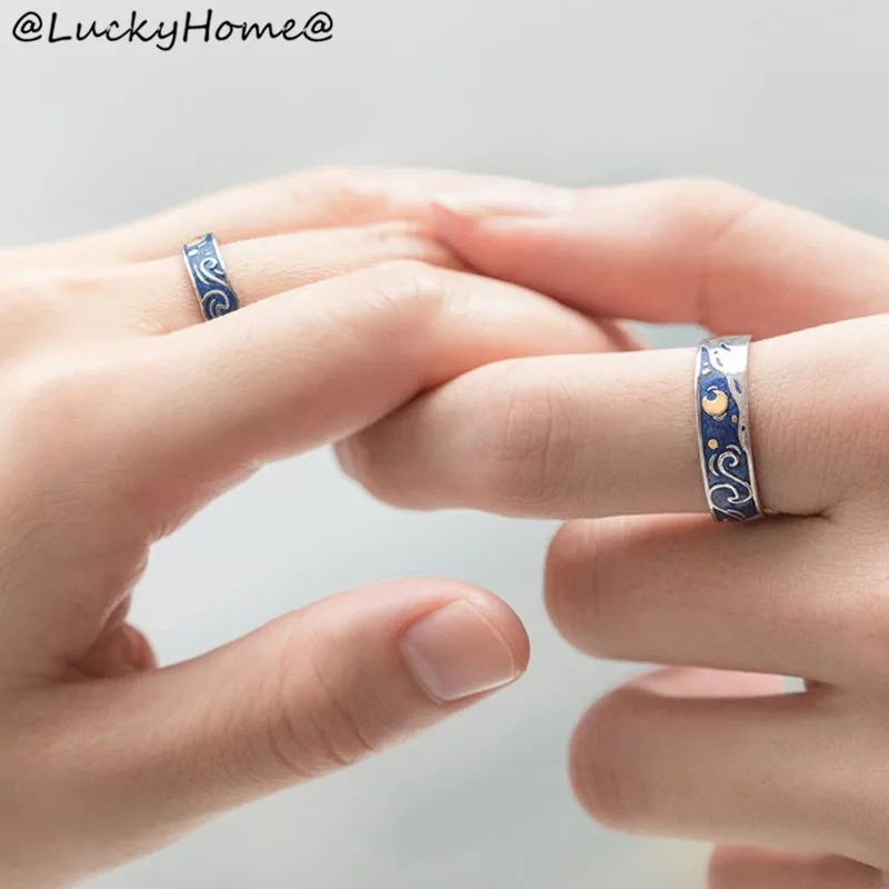 2 шт. S925 покрытием Ван Гог синее звездное небо открытый Lover кольца любовь навсегда