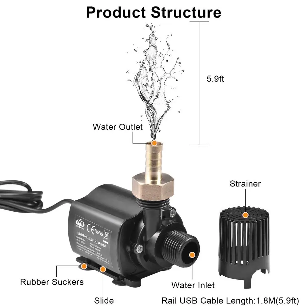Водяной насос с низким уровнем шума 500 л/ч 12 В постоянного тока 3 м водостойкий