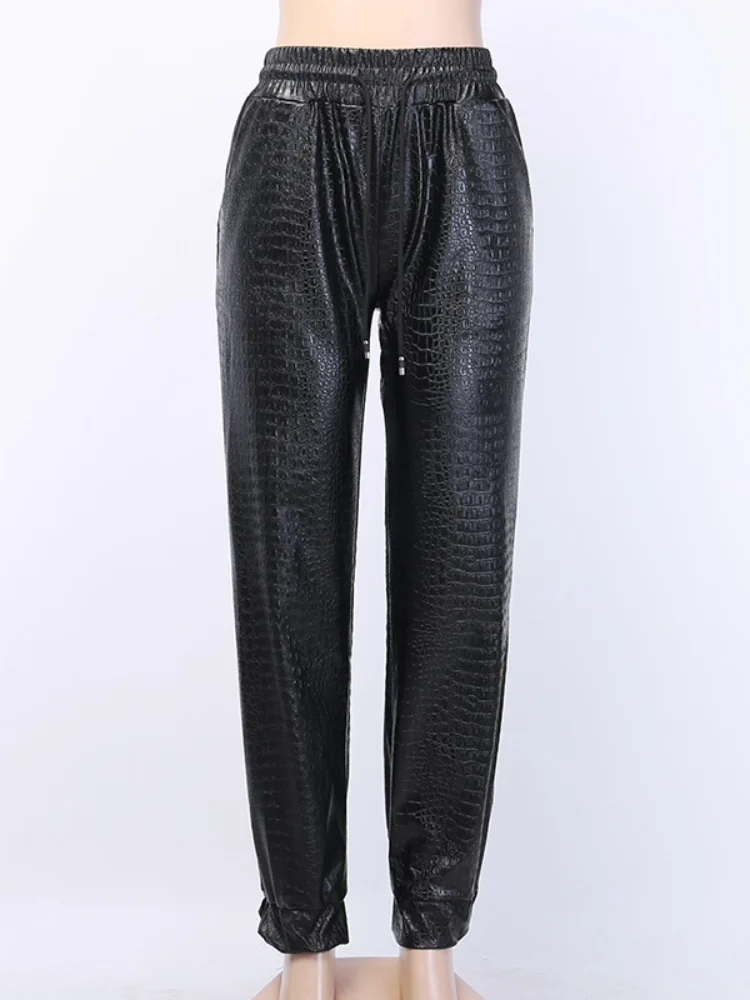 

Femme Pantalon Black Color Plus Size Matte Beam Feet PU Leather Female Street Hipster Drawstring Retro Autumn Leather Pants