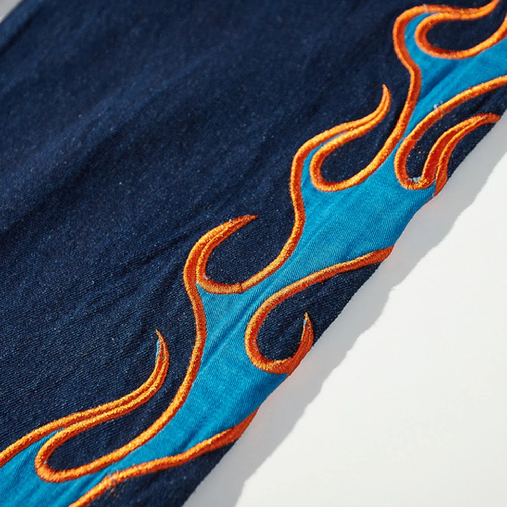 Men Fashion Flame Black Printed Jeans Pants Casual Loose Denim Wide Leg Jeans Trouser Men Women Pants Trousers Streetwear