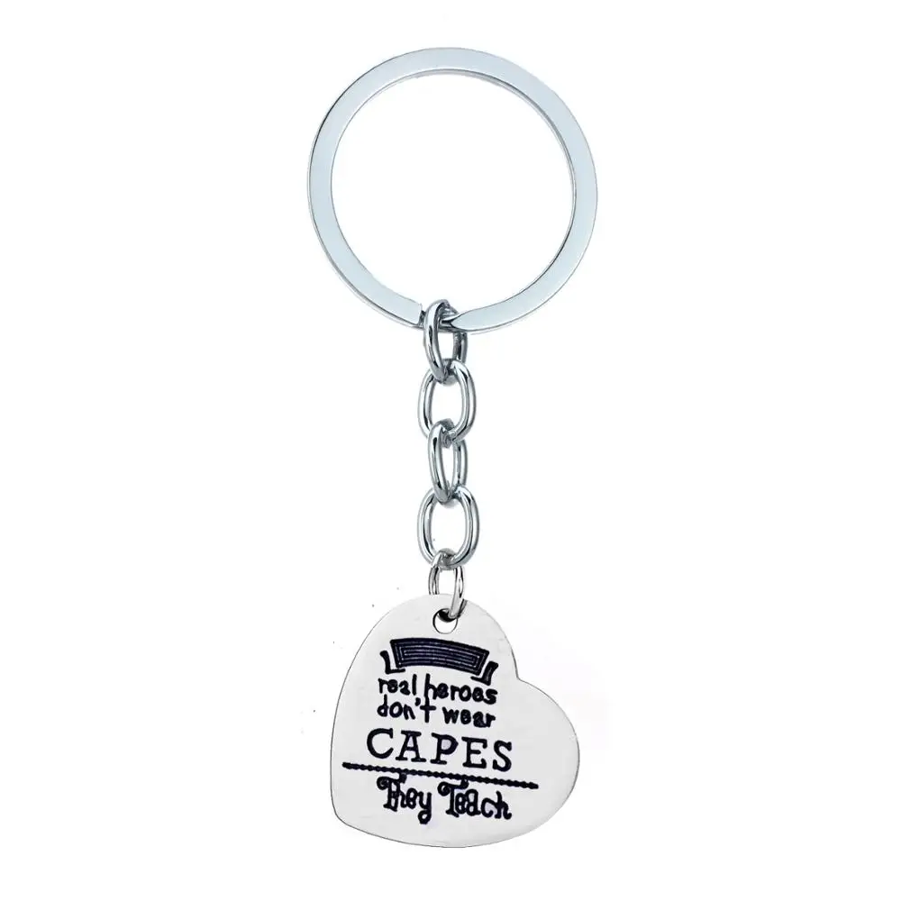 

12PC Teachers Keyring Real Heroes Don't Wear Capes They Teach Keychain Love Heart Charm Pendant Key Ring Teacher's Day Gifts Hot