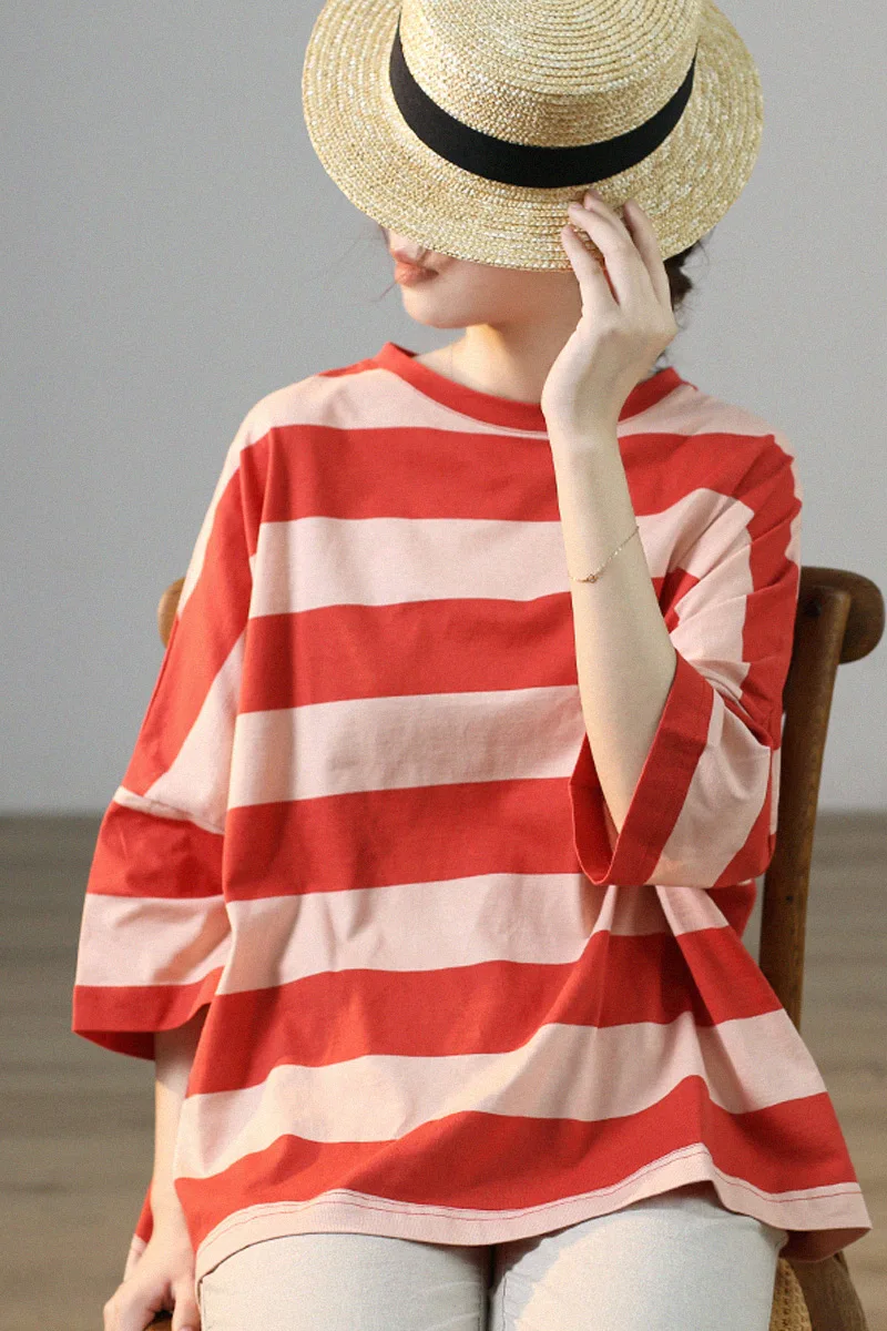 

Summer New Women Basics All-match Soft Casual Ultra Loose Color Contrast Comfortable Water Washed Cotton Pullover T-shirts Tops