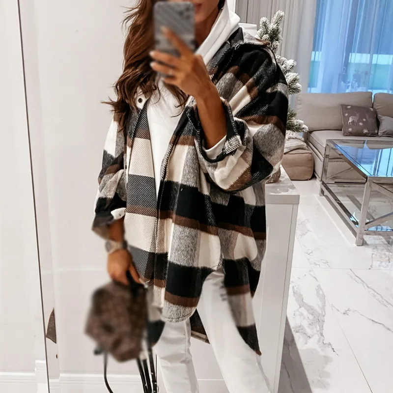 

Fashion Plaid Printed Shirt Loose Casual Long Sleeve Single Breasted Blouse For Women Spring Autumn Vintage Jacket Oversized 2XL