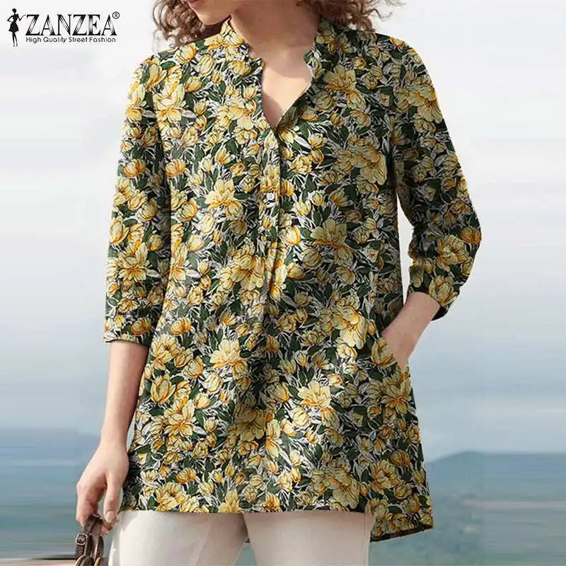 

ZANZEA Femme Casual Long Sleeve Blusas Female VNeck Chemise Button Tunic Street Tops Women Stylish Autumn Printed Pocket Blouses