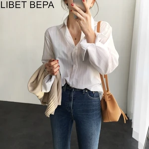 Новый 2021 на весну-осень женские блузки Повседневная Поло рубашка с воротником одежда в полоску в минималистском стиле Стиль Туника женские офисные Топы BL1799