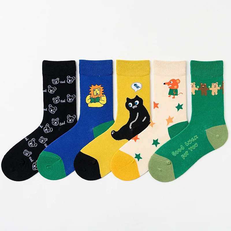 Cartoon Pattern Girl College Style Socks Cute Street Hip Hop School Girl Sock 5 Pairs Five Colors