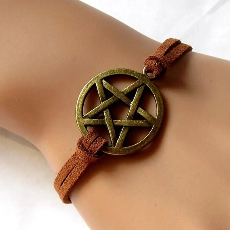 1 шт Ретро Бронзовая пентаграмма кулон коричневый веревка панк кожаный браслет