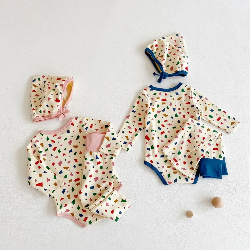 Monos con estampado de pol&iacute;gono para ni&ntilde;as, mono de manga larga con cuello redondo, pantalones y gorro, ropa para beb&eacute;s de 0 a 3 a&ntilde;os, E6092, novedad de Oto&ntilde;o de 2021-3