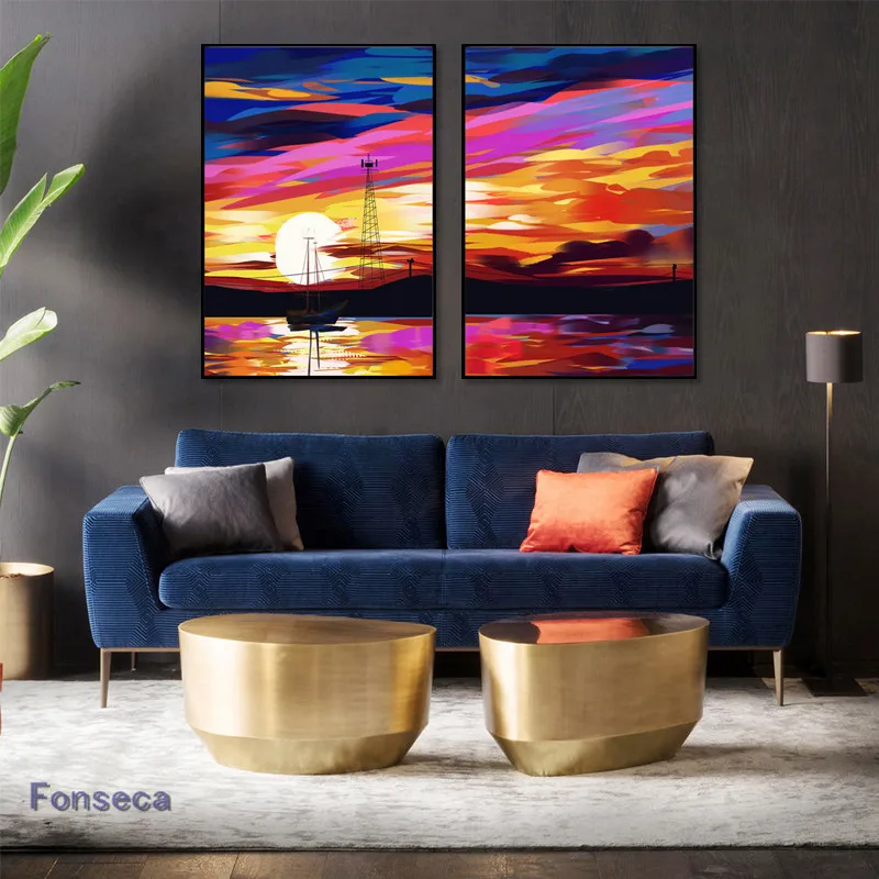 3 Pieces Sunset Clouds Landscape Canvas Painting Natural Sea Beach Sailboat Poster Abstract Wall Art Pictures Nordic Home Decor | Дом и сад