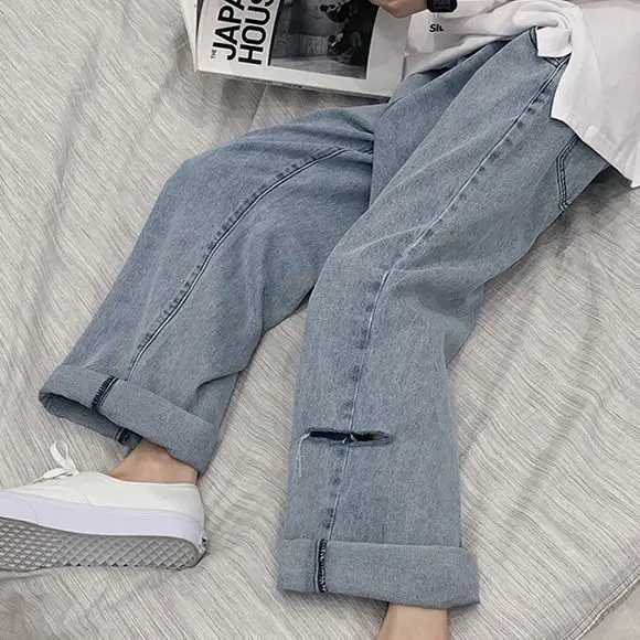 

Hole jeans female students summer Korean new style daddy straight tube loose high waist show thin wide leg pants trend