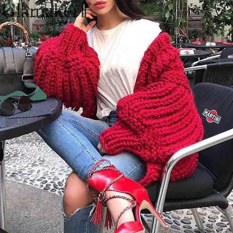 Glamaker длинный рукав фонаря черный вязаный кардиган женский свободный сексуальный