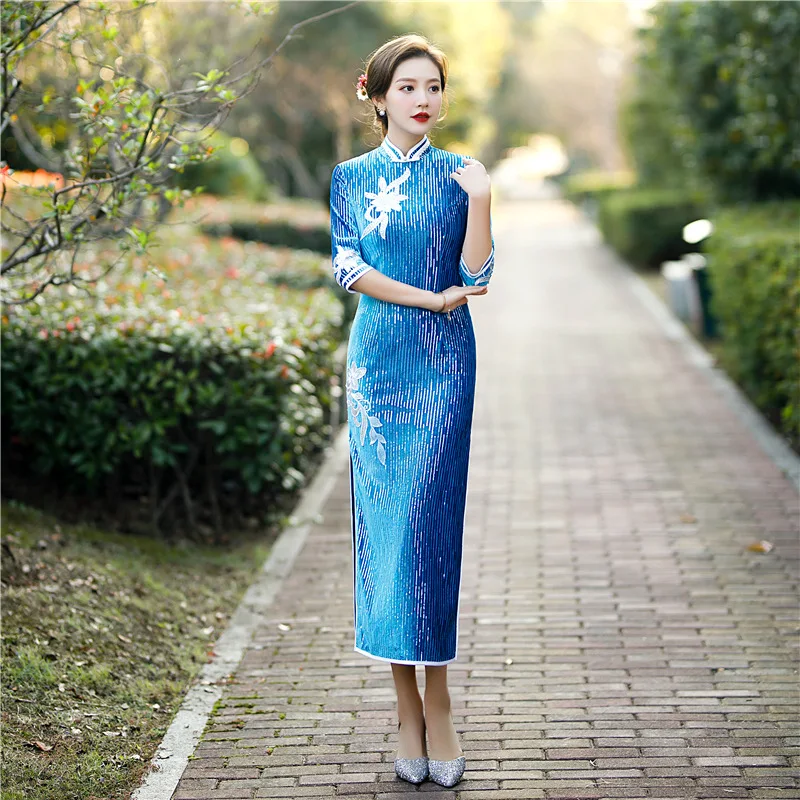 

FZSLCYIYI Women Sequins Striped Velour Qipao Sexy High Quality Cheongsam Elegant Slim Chinese Vintage Short Sleeve Daily Dress