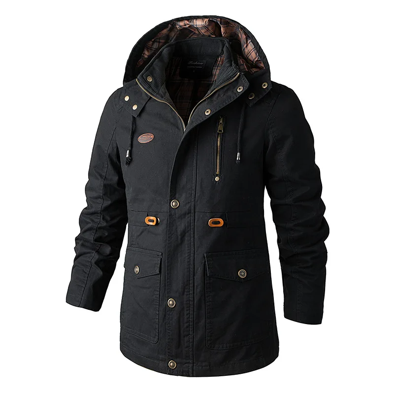 Outdoor Autumn Tooling Casual Cotton Jacket Mid-length Men's Large Size Jacket Hooded Windbreaker