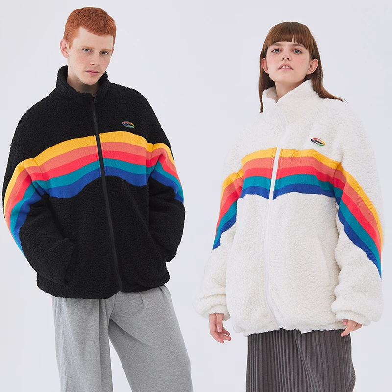 2021 Harajuku Furry Down Jackets Men Rainbow Striped Padded Zipper Coat Streetwear Hip Hop Fashion Winter Outwear Tops Clothing