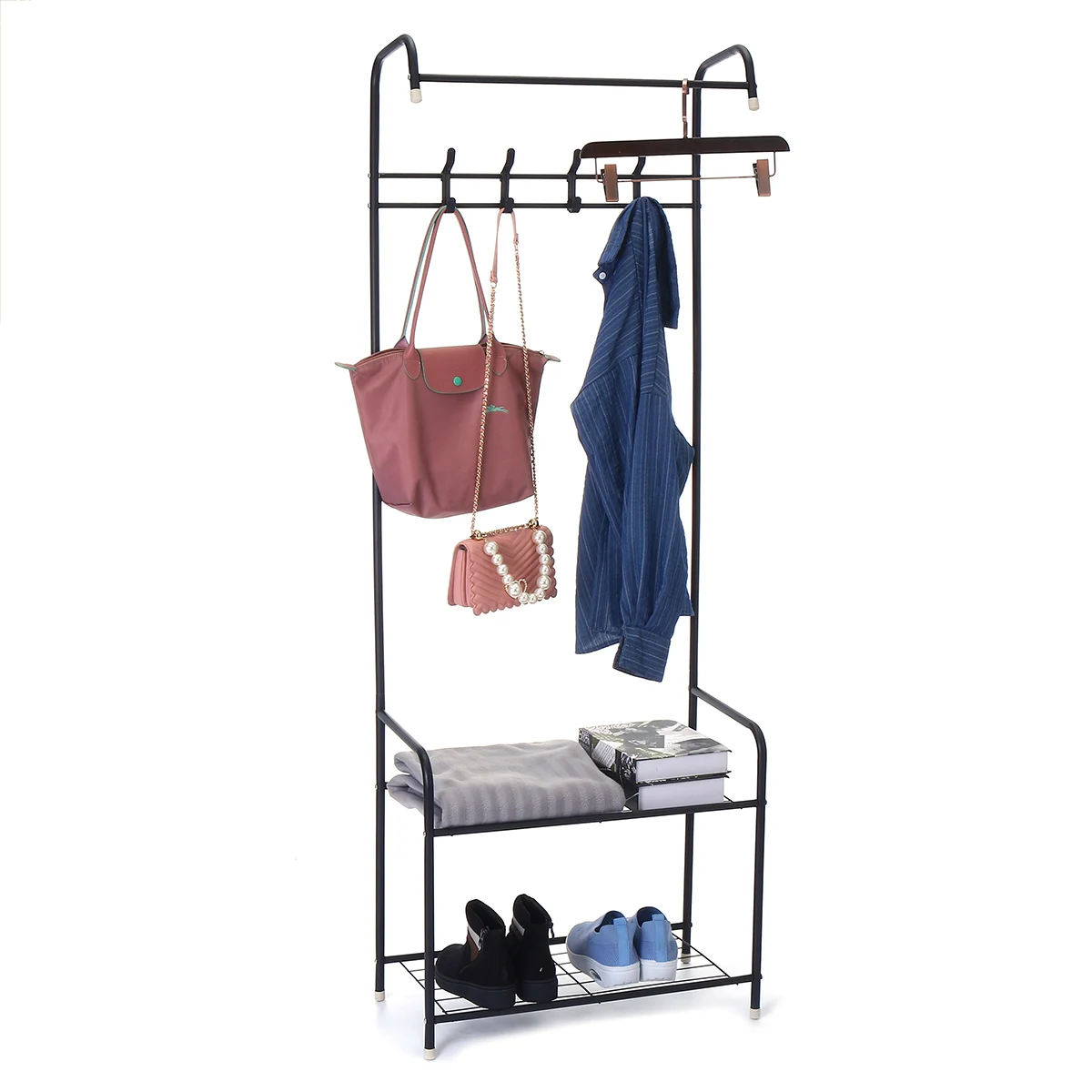 

3 in 1 Coat Rack Landing Clothing Holder Hanger Floor Standing Storage Shelf Modern Simple Style Bedroom Furniture
