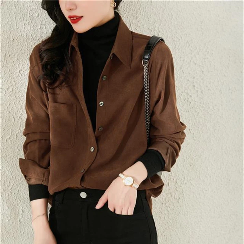 Women'S Corduroy Vintage Shirt 2021 Autumn Winter Long Thickened Sleeve Bottoming Shirt Women'S Blouses Tops Blusas Mujer