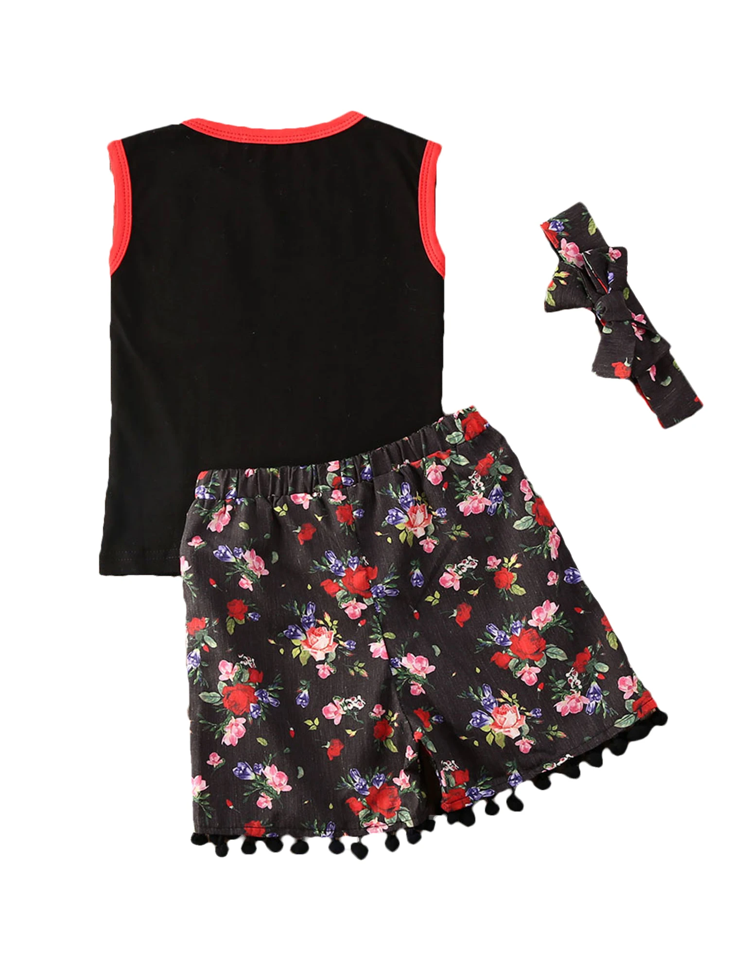 

Summer Baby Girls Sleeveless Round Neck Top Floral Print Pom Pom Shorts and Headband 3-piece Outfit Clothes Set