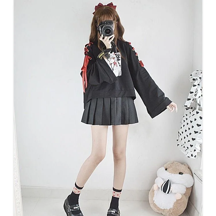 

Summer Women Clothing Anime Fox Printed Cross Ribbon Lolita Girls' T Shirt Harajuku Spring Black Top Skirt