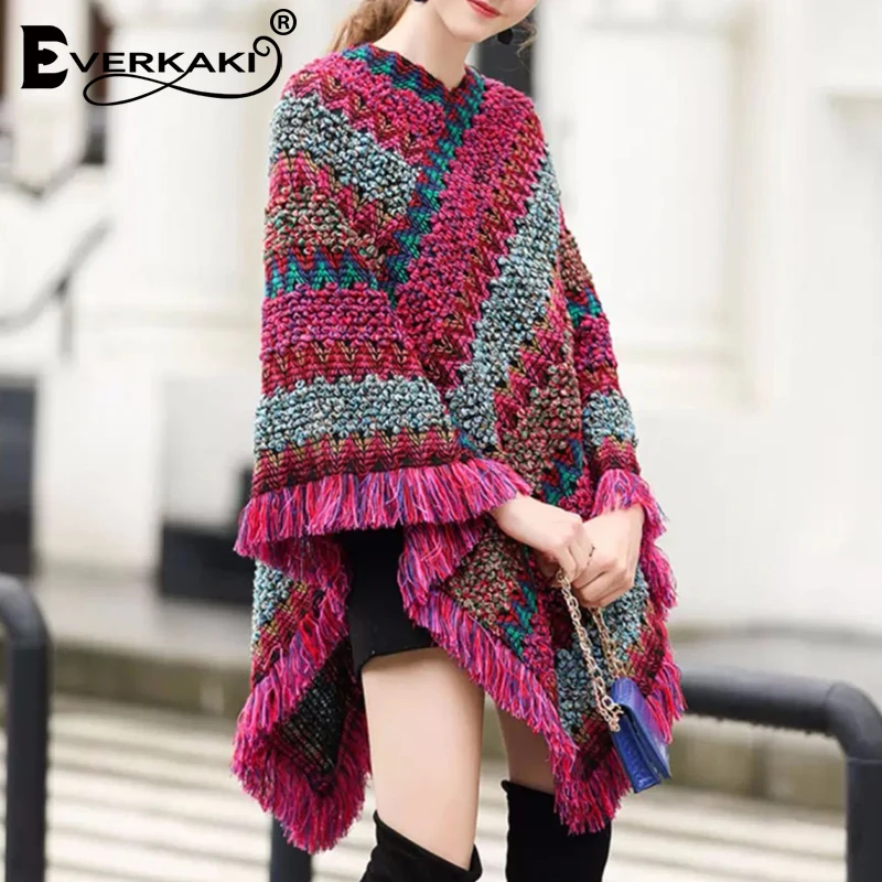 Everkaki Boho с кисточками вязаный свитер шаль женские обертывания толстые осенние винтажные женские накидка с воротником обертывания женские Зима Новые