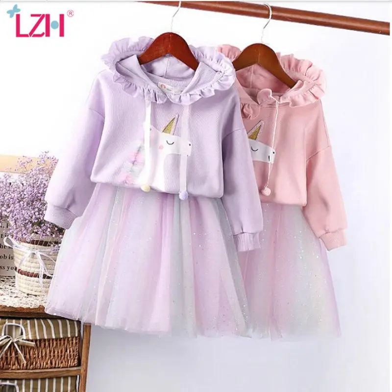

LZH 2021 Autumn Fashion Cartoon Baby Girls Clothes Set Long-Sleeved Hooded Sweater+Rainbow Mesh Skirt 2Pcs Suits Sweet Kids Sets