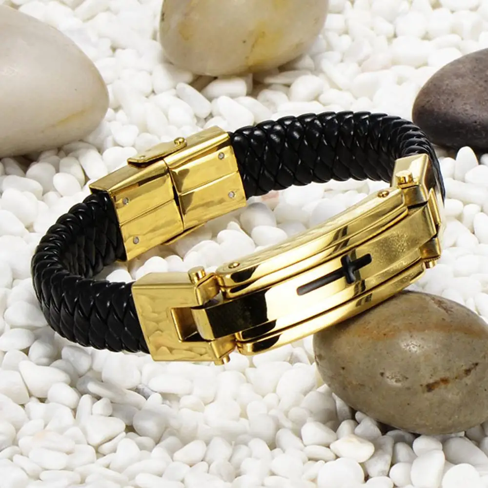 Панк Крест из нержавеющей стали Плетеный Браслет-манжета черный кожаный браслет