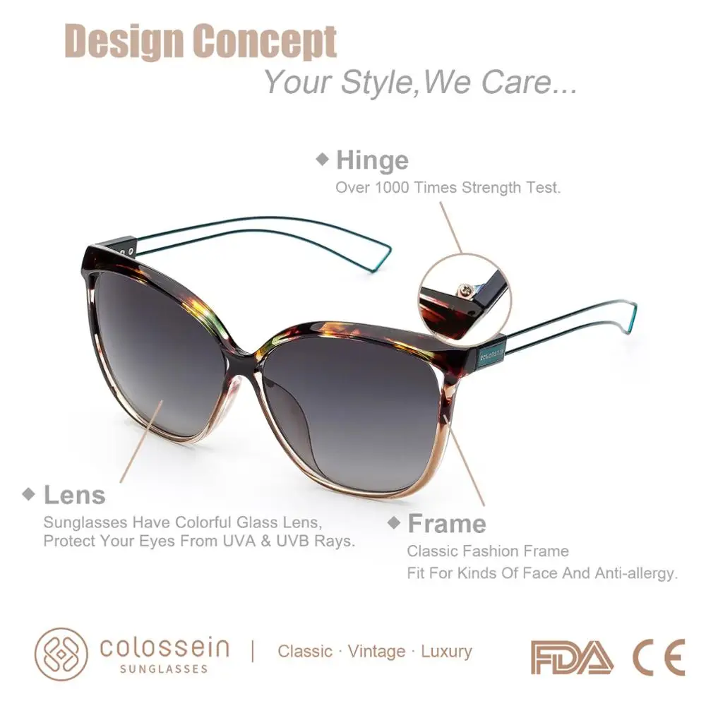 COLOSSEIN солнцезащитные очки женщины кошачий глаз модный бренд дизайнер UV400 для