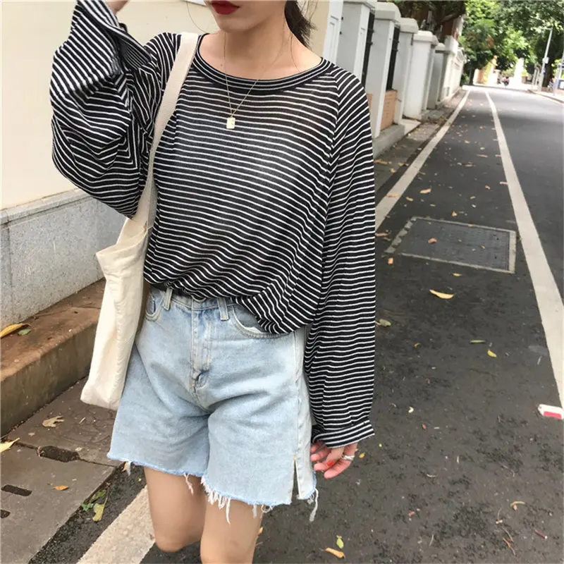 

Sunscreen Light All-Match 2021 New Striped Thin Fashion Summer Knitted Women Loose Casual Full-Sleeved T-shirts