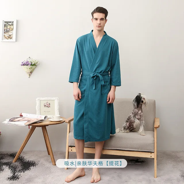men green Весенне-осенний парный халат с v-образным вырезом, одежда для сна, банный халат, повседневное однотонное китайское кимоно, свободное интимное нижнее белье, халаты - Цвет: men green