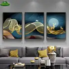 Абстрактная ткань олень Луна синий холст Художественная живопись золотые плакаты принты декоративные настенные картины для гостиной домашний декор