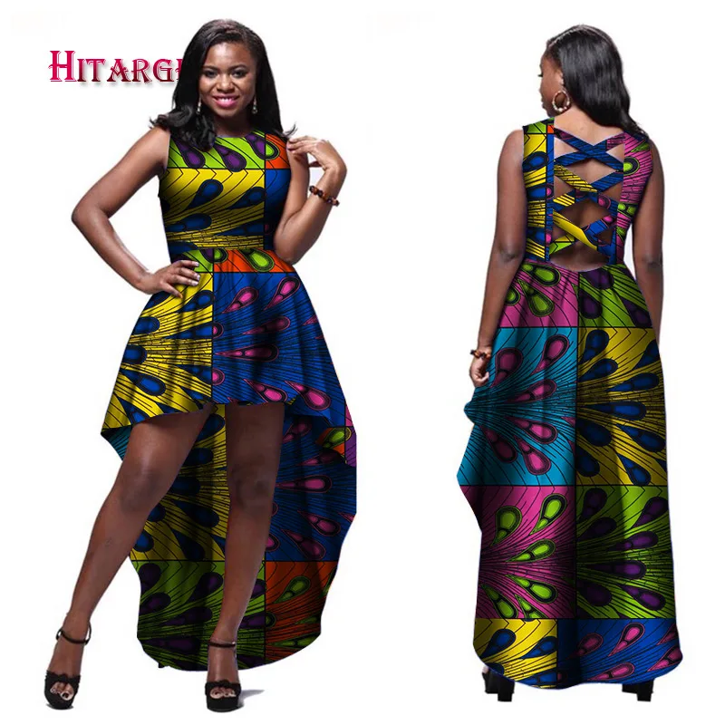 

New African Print Dresses for Women Bazin Riche Sleeveless Long Dresses Dashiki Women African Clothing Asymmetrical Dress WY5896