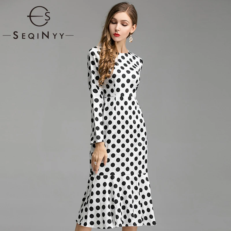 SEQINYY Vintage Dot Dress Print  Spring Autumn New Fashion Design Women Runway Mermaid Slim Dobby White Midi