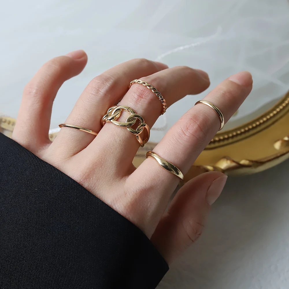 

5 pcs Metal Punk Gold Wide Chain Rings Set for Women Girls Fashion Finger Thin Rings Gift 2022 Female Jewelry Accessories