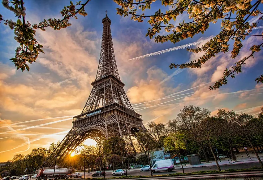 7x5FT Eiffel Tower Spring Tree Paris France Sunset White Clouds Custom Photo Studio Backdrops Backgrounds Vinyl 220cm x 150cm |