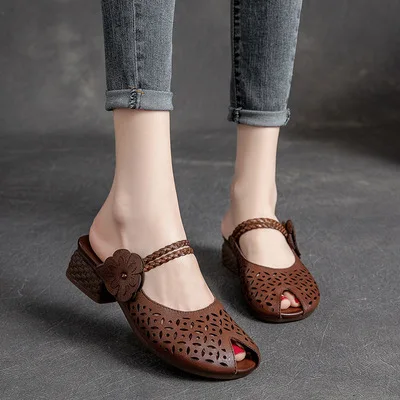 

Shanghai Jie comfortable retro fish mouth heel women's shoes head layer cowhide cover feet sandals slippers flowers decorate mot